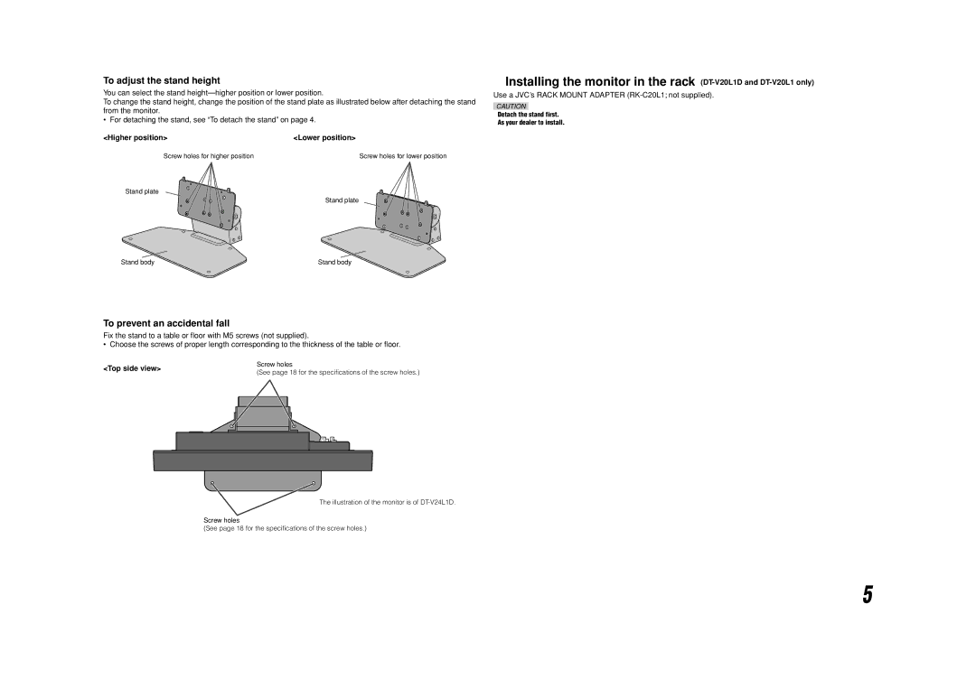 JVC DT-V20L1 To adjust the stand height, To prevent an accidental fall, Higher position Lower position, Top side view 