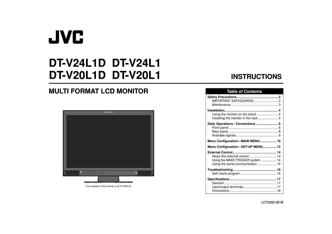 JVC DT-V20L1 specifications Menu Configuration-SET-UP MENU, LCT2202-001B, Safety Precautions, Installation, Specifications 