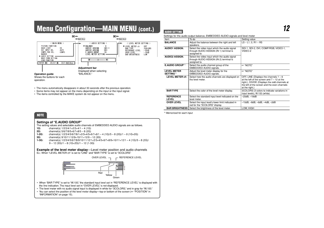 JVC DT-V24L3D, DT-V20L3D specifications Settings of E.AUDIO Group, Adjustment bar 