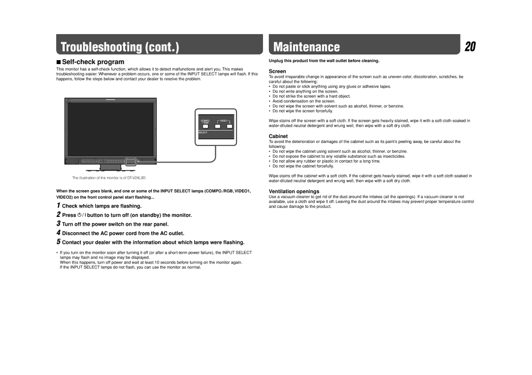 JVC DT-V24L3D, DT-V20L3D specifications Maintenance20, Self-check program 