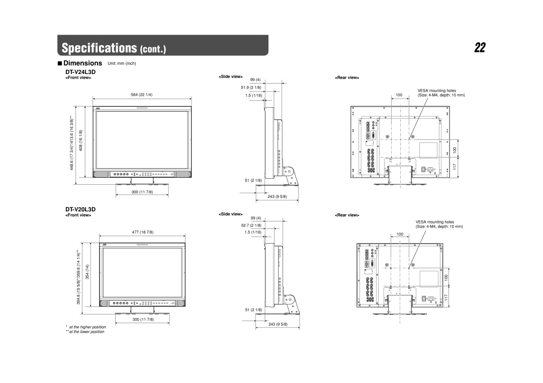 JVC DT-V24L3D, DT-V20L3D specifications Dimensions Unit mm inch, Front view, Side view 