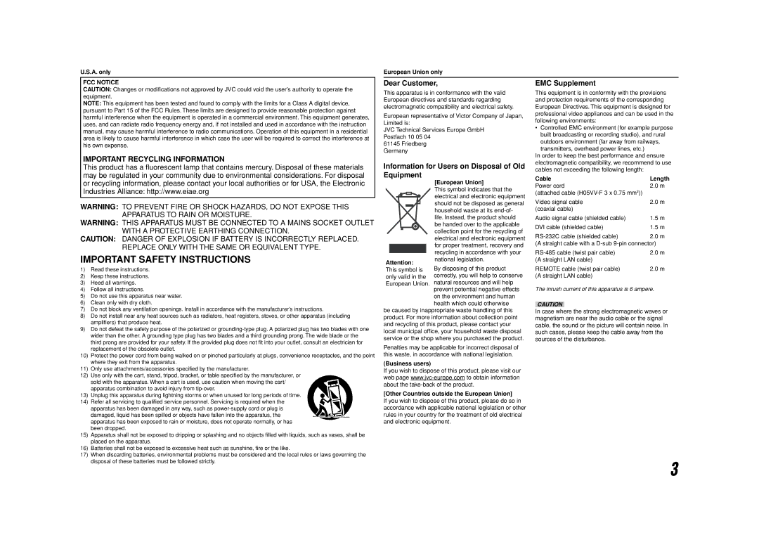 JVC DT-V20L3D, DT-V24L3D specifications Dear Customer, Information for Users on Disposal of Old Equipment, EMC Supplement 