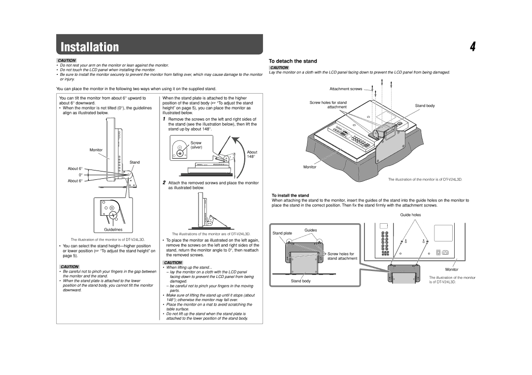 JVC DT-V24L3D, DT-V20L3D specifications Installation, To detach the stand, To install the stand 