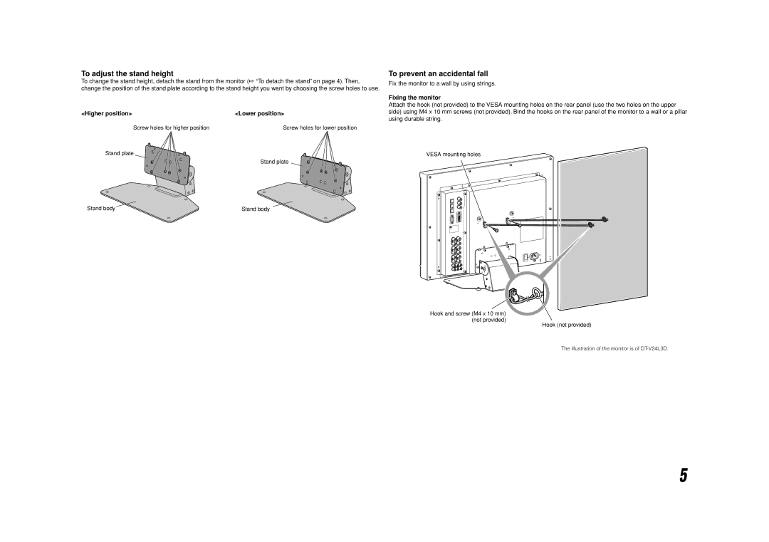 JVC DT-V20L3D, DT-V24L3D To adjust the stand height, To prevent an accidental fall, Higher position Lower position 