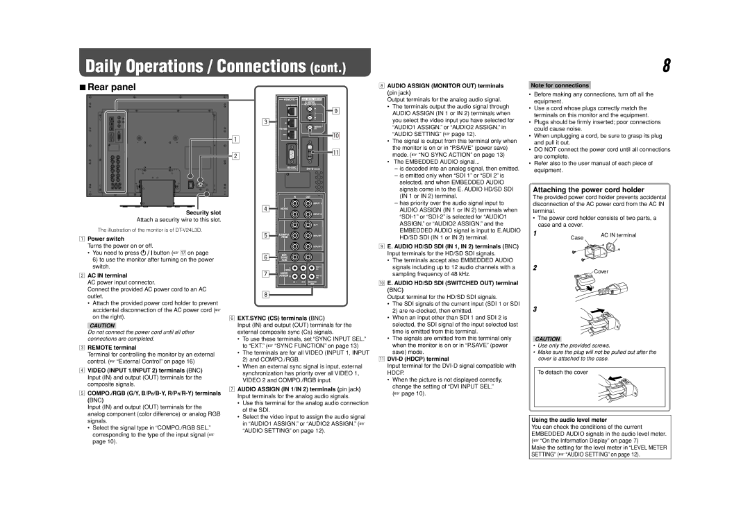 JVC DT-V24L3D, DT-V20L3D specifications Rear panel, Attaching the power cord holder 