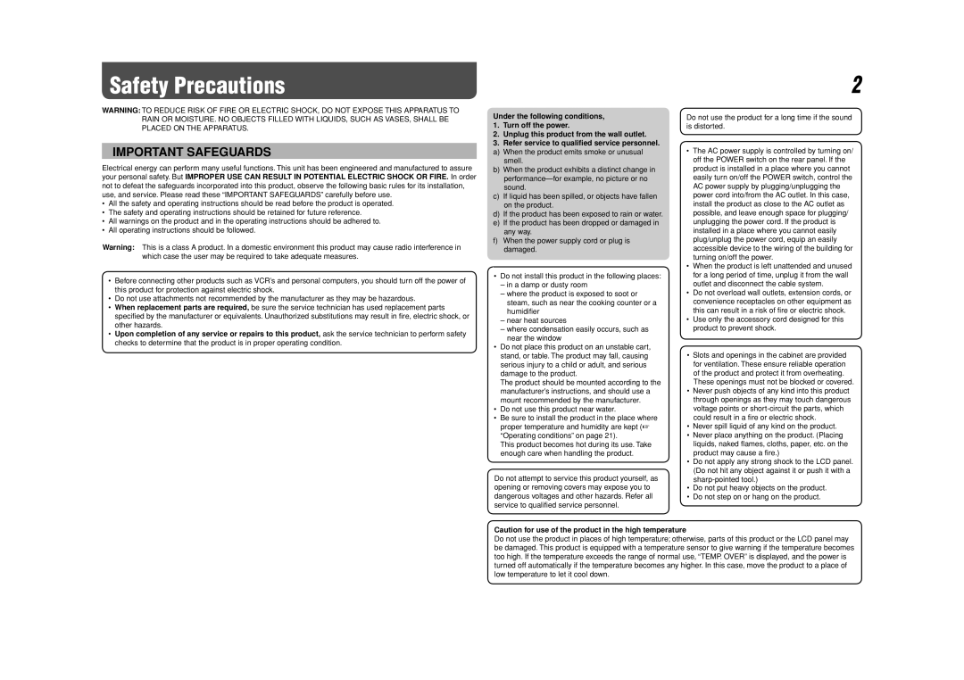 JVC DT-V24L3DY, DT-V20L3DY specifications Safety Precautions, These openings must not be blocked or covered 