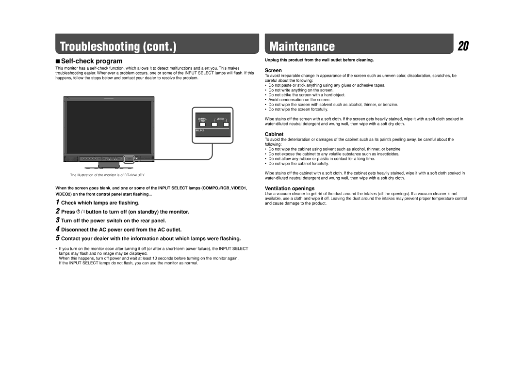 JVC DT-V24L3DY, DT-V20L3DY specifications Maintenance20, Self-check program 