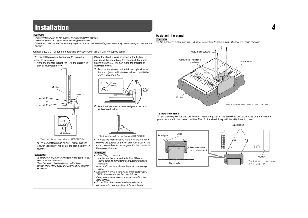 JVC DT-V24L3DY, DT-V20L3DY specifications Installation, To detach the stand, To install the stand 