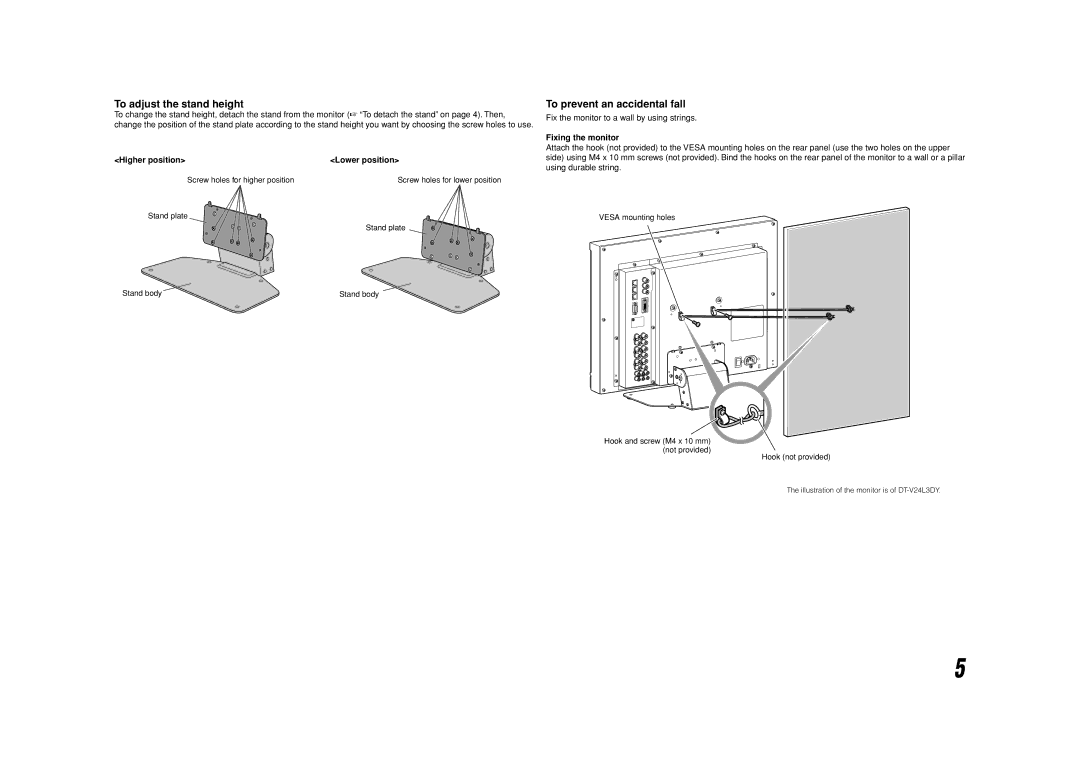 JVC DT-V20L3DY, DT-V24L3DY To adjust the stand height, To prevent an accidental fall, Higher position Lower position 