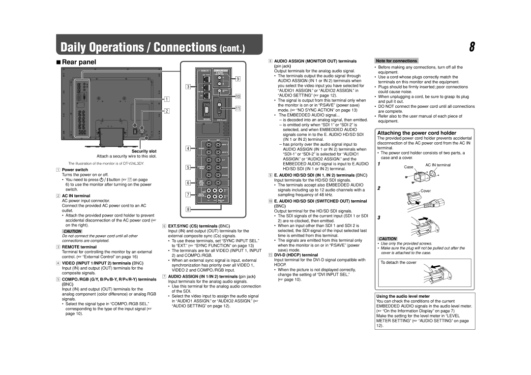 JVC DT-V24L3DY, DT-V20L3DY specifications Rear panel, Attaching the power cord holder 