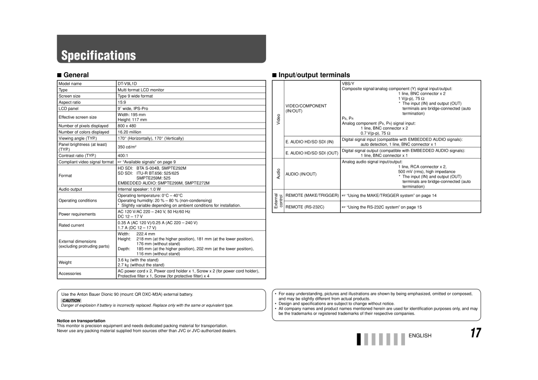 JVC DT-V9L1D specifications Specifications, General, Input/output terminals 