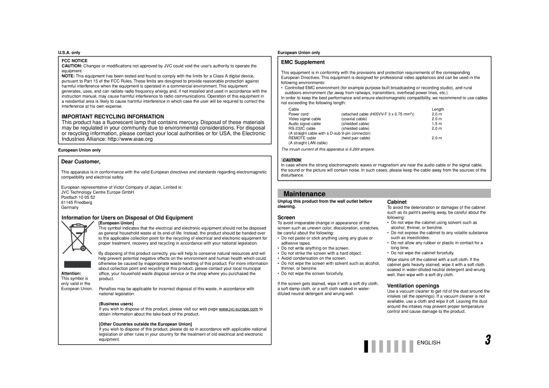 JVC DT-V9L1D specifications Maintenance 