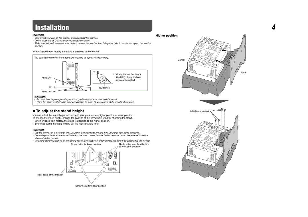 JVC DT-V9L1D specifications Installation, To adjust the stand height, Higher position, Align as illustrated 