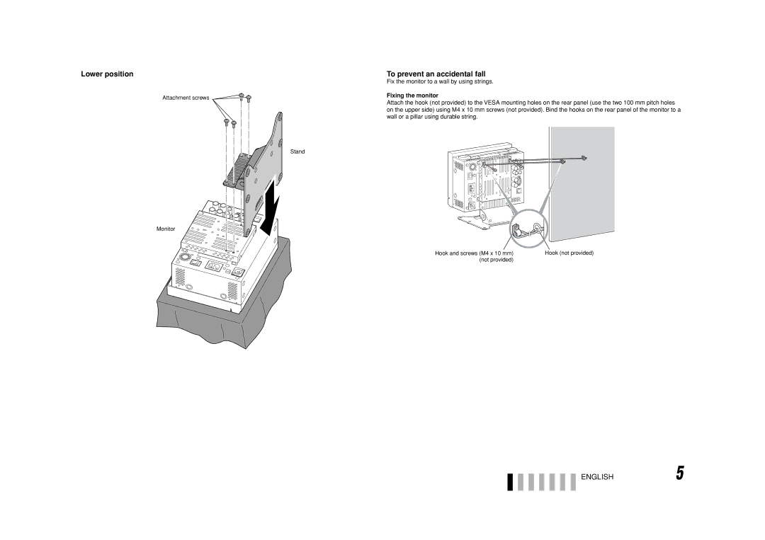 JVC DT-V9L1D Lower position, To prevent an accidental fall, Fix the monitor to a wall by using strings, Fixing the monitor 