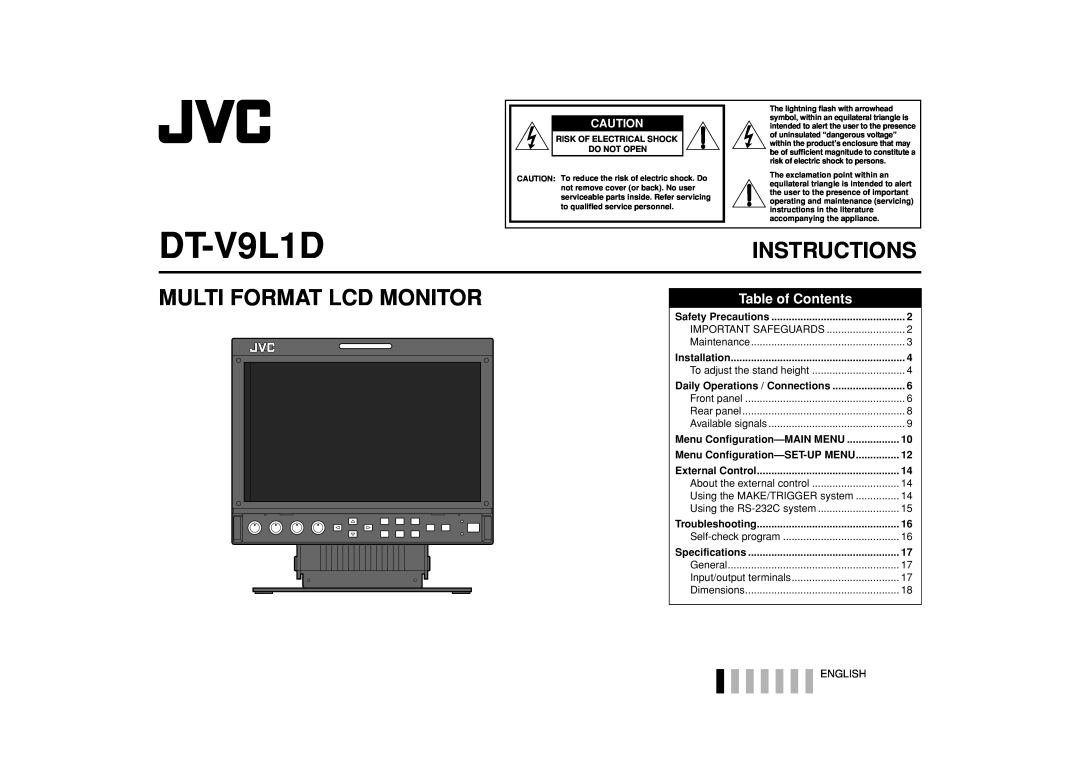 JVC DT-V9L1D specifications Menu Configuration-SET-UP MENU, English, Instructions, Multi Format Lcd Monitor, Installation 