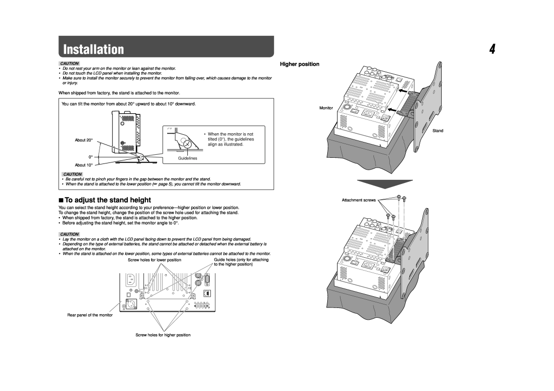 JVC DT-V9L1D specifications Installation, To adjust the stand height, Higher position 