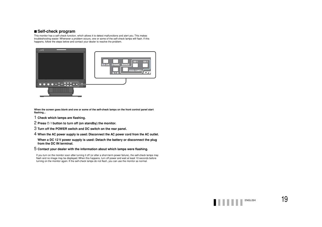 JVC DT-V9L3DY specifications Self-check program, Check which lamps are flashing, From the DC in terminal 