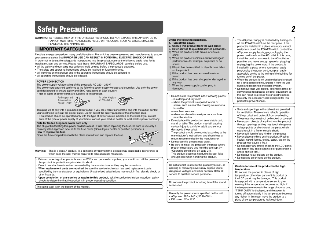 JVC DT-V9L3DY specifications Safety Precautions, How to replace the fuse, Rating label is on the bottom of the monitor 