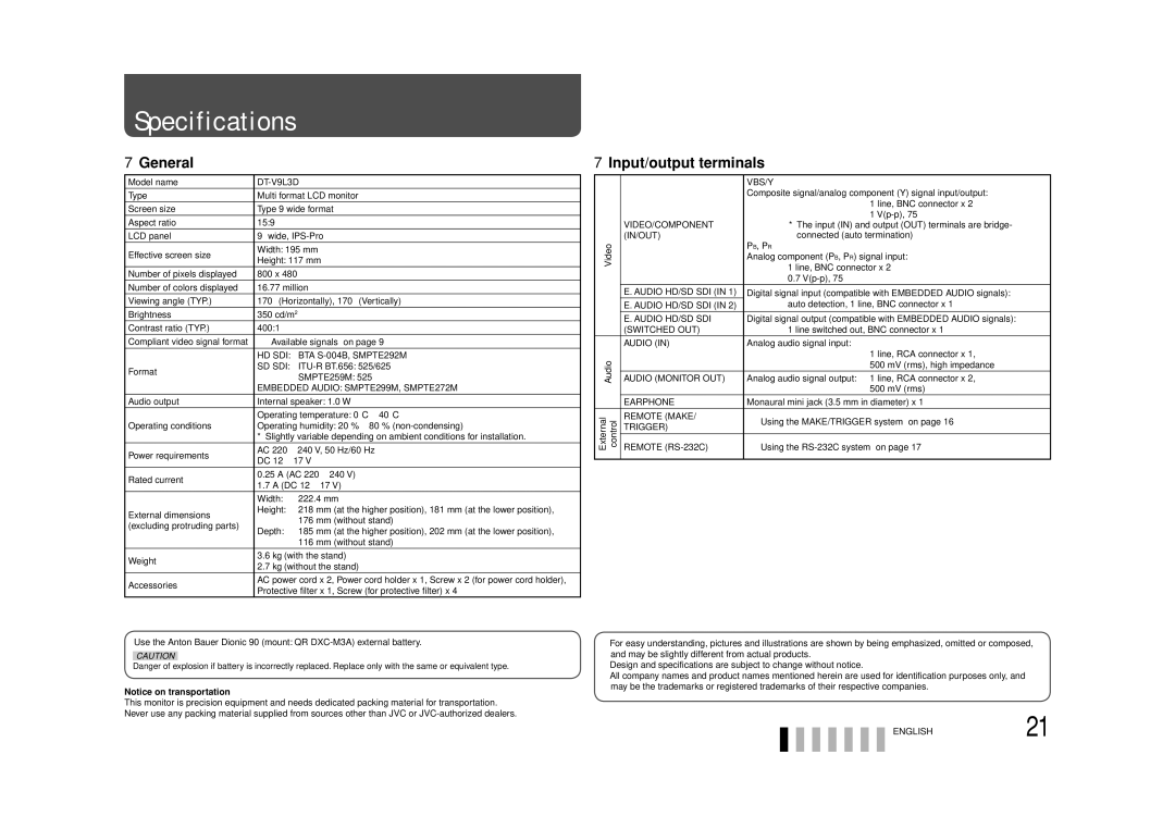 JVC DT-V9L3DY specifications Specifications, General, Input/output terminals 