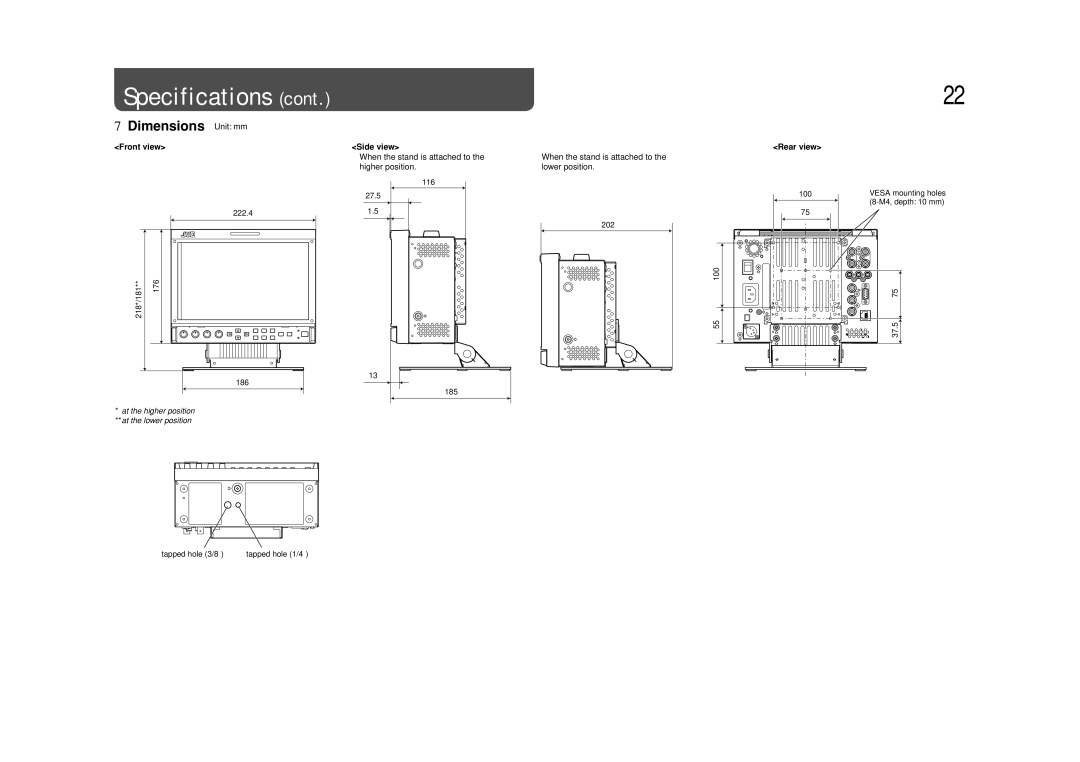 JVC DT-V9L3DY specifications Dimensions Unit mm, Front view, Side view, Rear view 