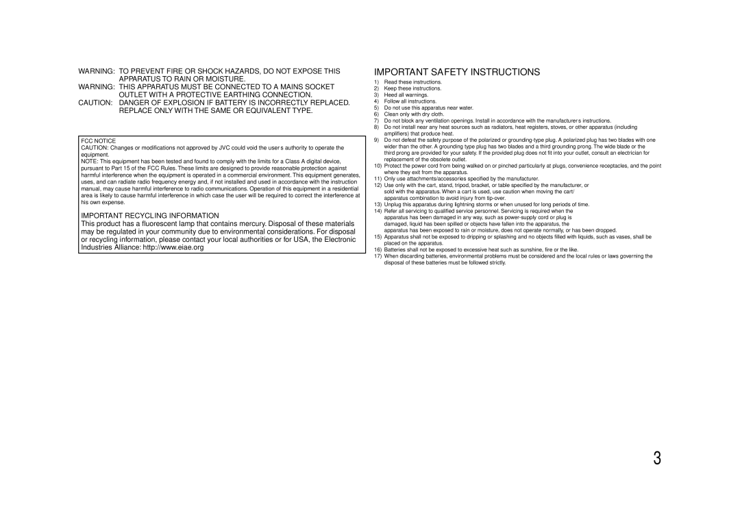 JVC DT-V9L3DY specifications Important Safety Instructions 