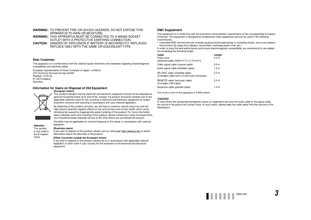 JVC DT-V9L3DY specifications Dear Customer, Cable, Business users Other Countries outside the European Union 