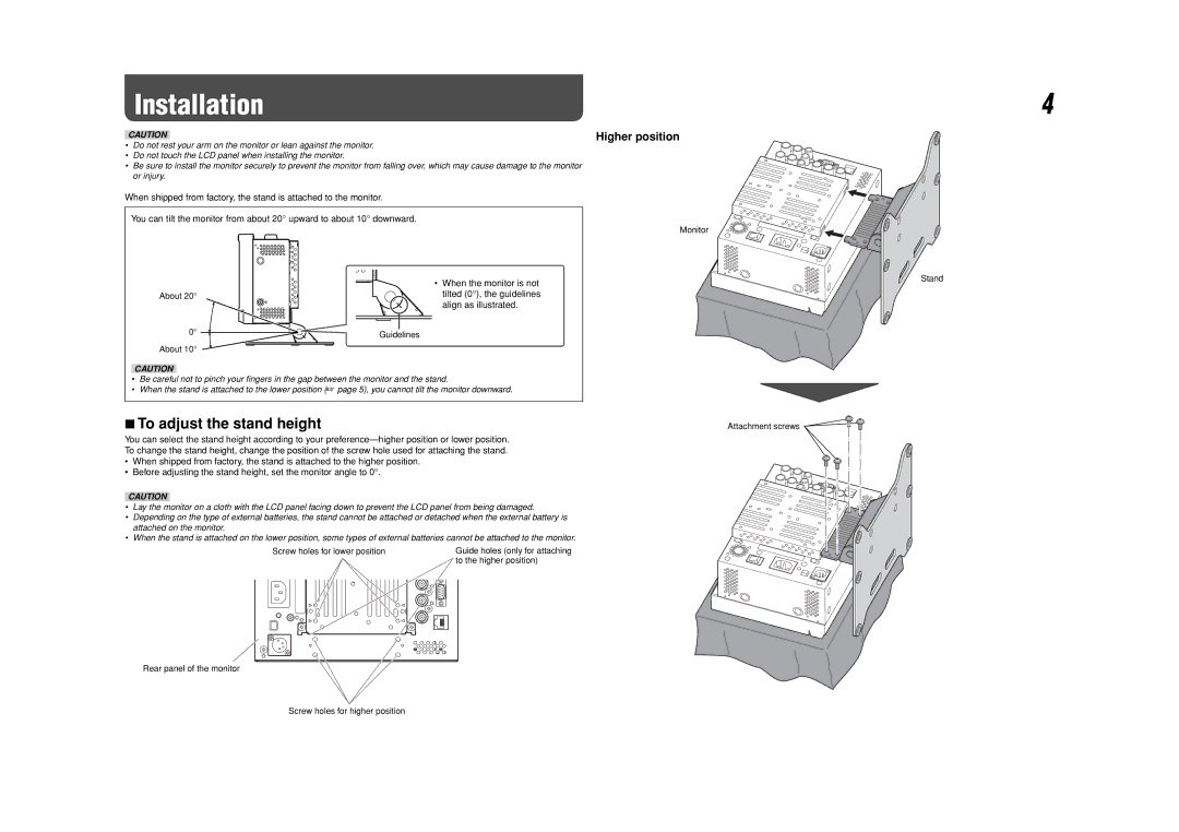 JVC DT-V9L3DY specifications Installation, To adjust the stand height, Higher position, Align as illustrated 