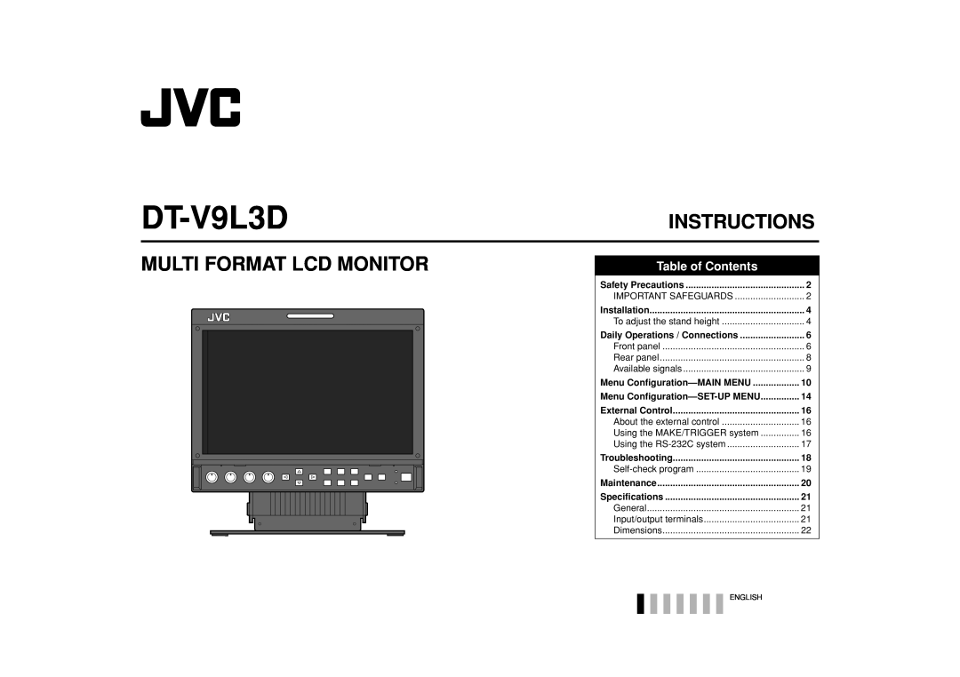JVC DT-V9L3D specifications Instructions, Multi Format Lcd Monitor, Table of Contents, Menu Configuration-MAIN MENU 