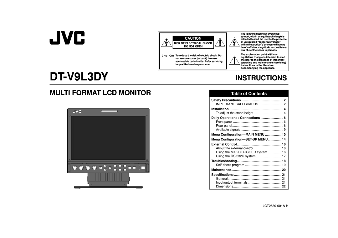 JVC DT-V9L3DY, LCT2530-001A-H, Instructions, Multi Format Lcd Monitor, Table of Contents, Menu Configuration-MAIN MENU 