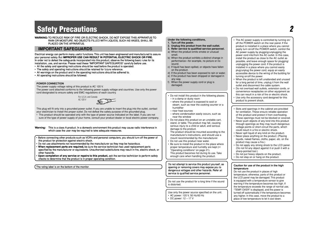 JVC DT-V9L3DY specifications Safety Precautions, Important Safeguards 
