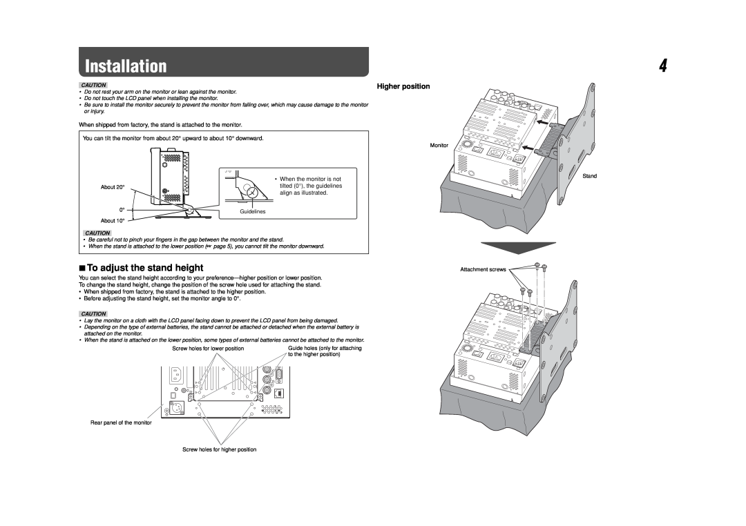 JVC DT-V9L3DY specifications Installation, To adjust the stand height, Higher position 