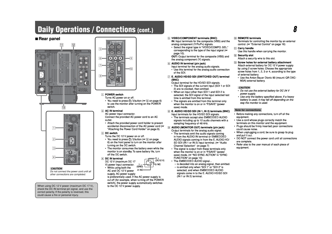 JVC DT-V9L3DY Daily Operations / Connections cont, Rear panel, Do not use the external battery for DC 24 V power supply 