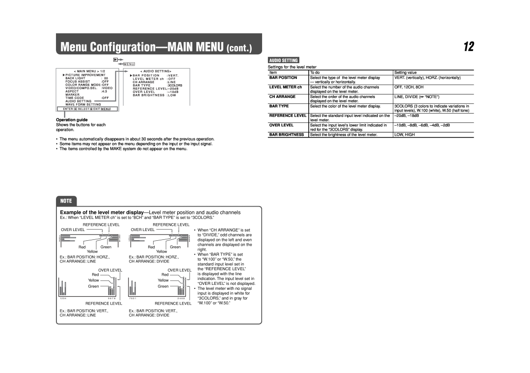 JVC DT-V9L3DY specifications Menu Configuration-MAIN MENU cont, Audio Setting 