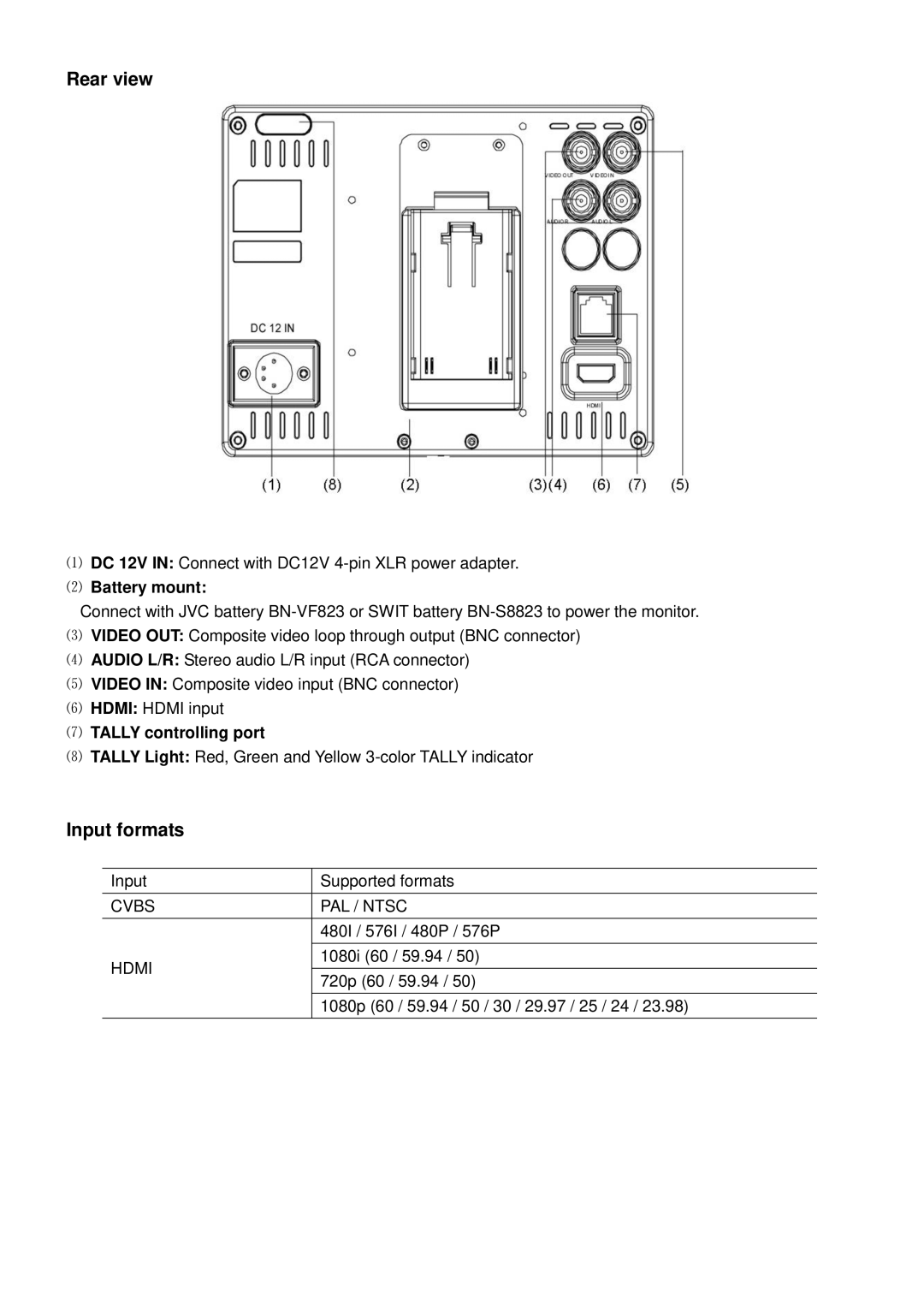 JVC DT-X71F, DT-X71C, DTX71H, DT-X71H user manual ⑵ Battery mount, ⑺ Tally controlling port 