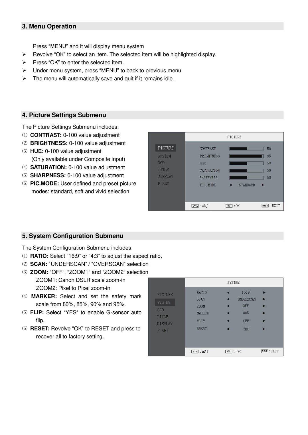 JVC DT-X71C, DTX71H, DT-X71H, DT-X71F user manual Menu Operation, Picture Settings Submenu, System Configuration Submenu 