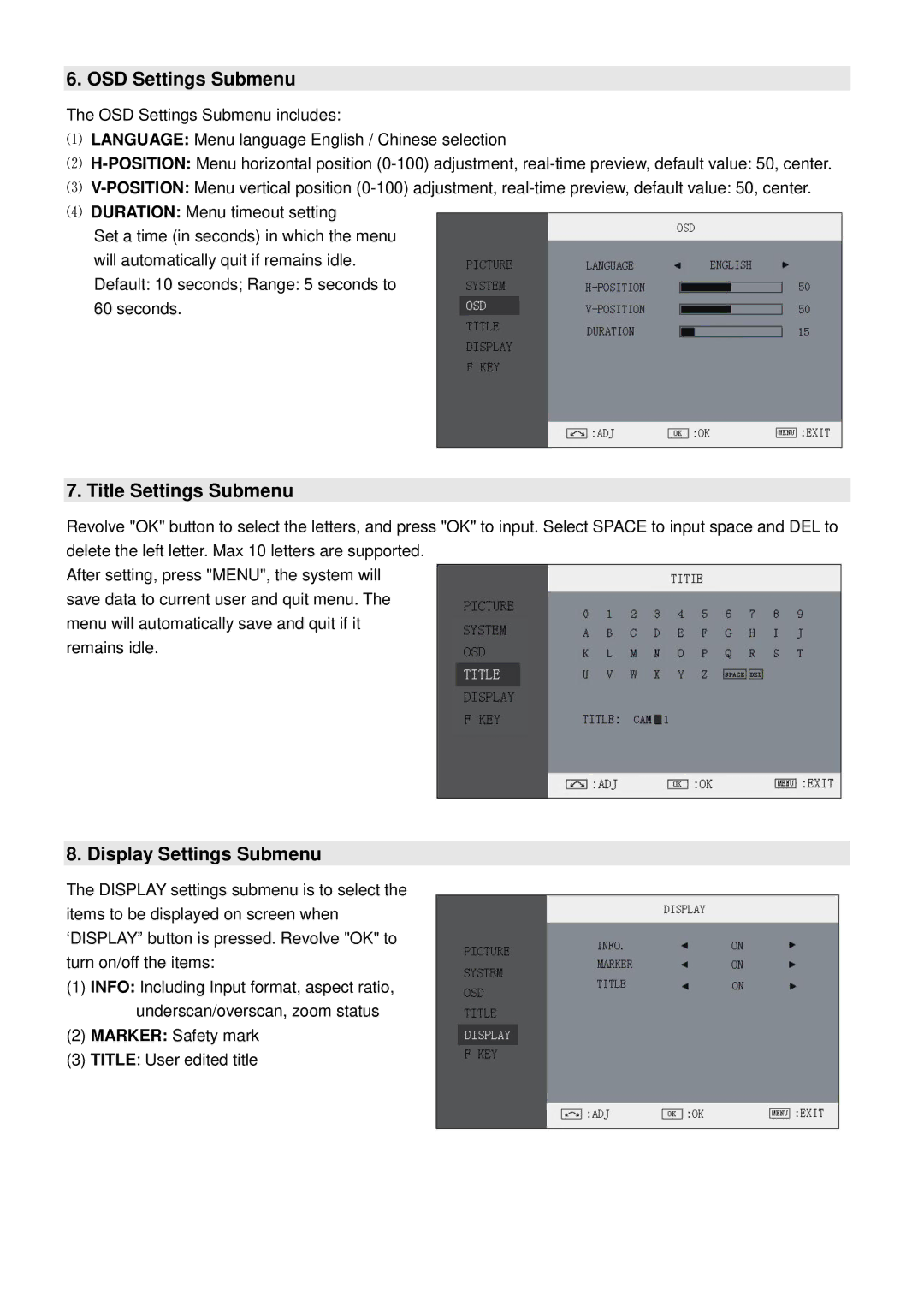 JVC DTX71H, DT-X71C, DT-X71H, DT-X71F user manual OSD Settings Submenu, Title Settings Submenu, Display Settings Submenu 