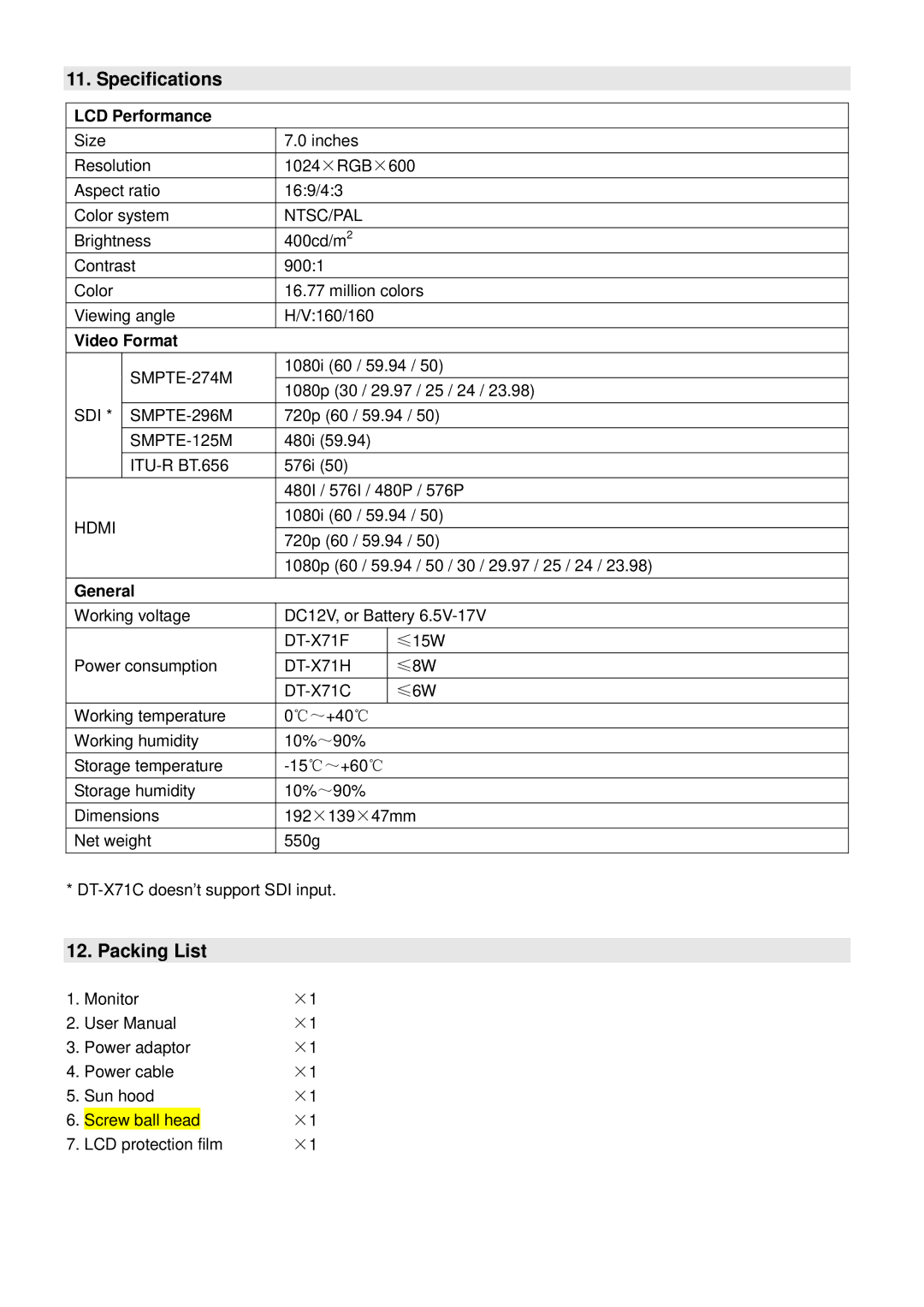 JVC DT-X71F, DT-X71C, DTX71H, DT-X71H user manual Specifications, Packing List, LCD Performance, Video Format, General 