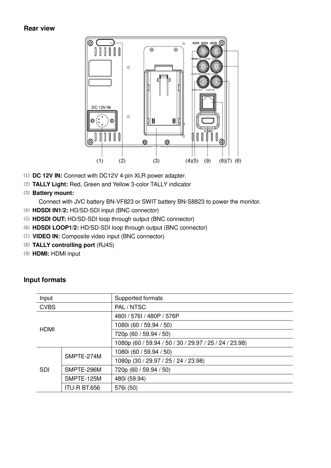 JVC DT-X71F, DT-X71C, DTX71H, DT-X71H user manual Rear view, Input formats, ⑶ Battery mount, ⑻ Tally controlling port RJ45 