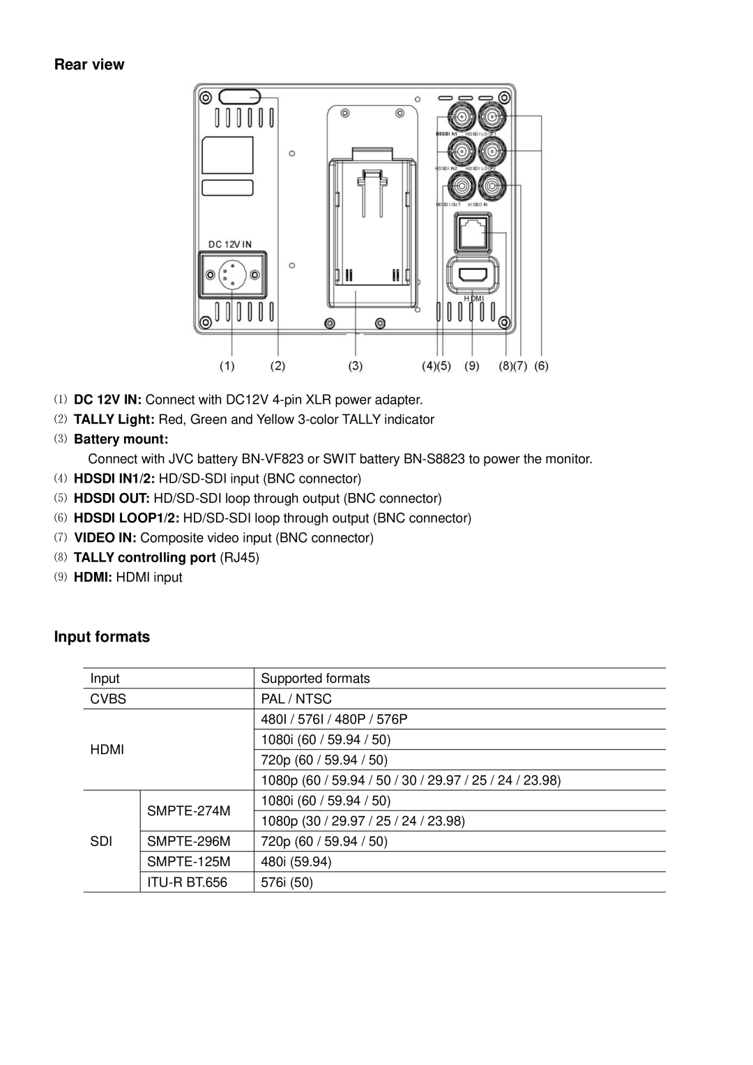 JVC DT-X71F, DT-X71C, DTX71H, DT-X71H user manual Rear view, Input formats, ⑶ Battery mount, ⑻ TALLY controlling port RJ45 