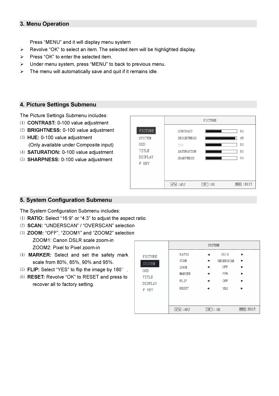 JVC DT-X91F, DT-X91C, DT-X91H user manual Menu Operation, ⑸5. System Configuration Submenu 