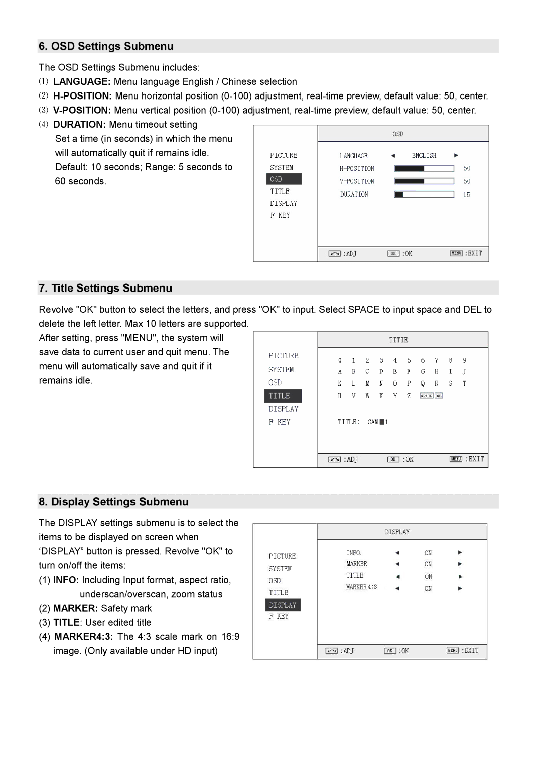 JVC DT-X91C, DT-X91F, DT-X91H user manual OSD Settings Submenu, Title Settings Submenu, Display Settings Submenu 