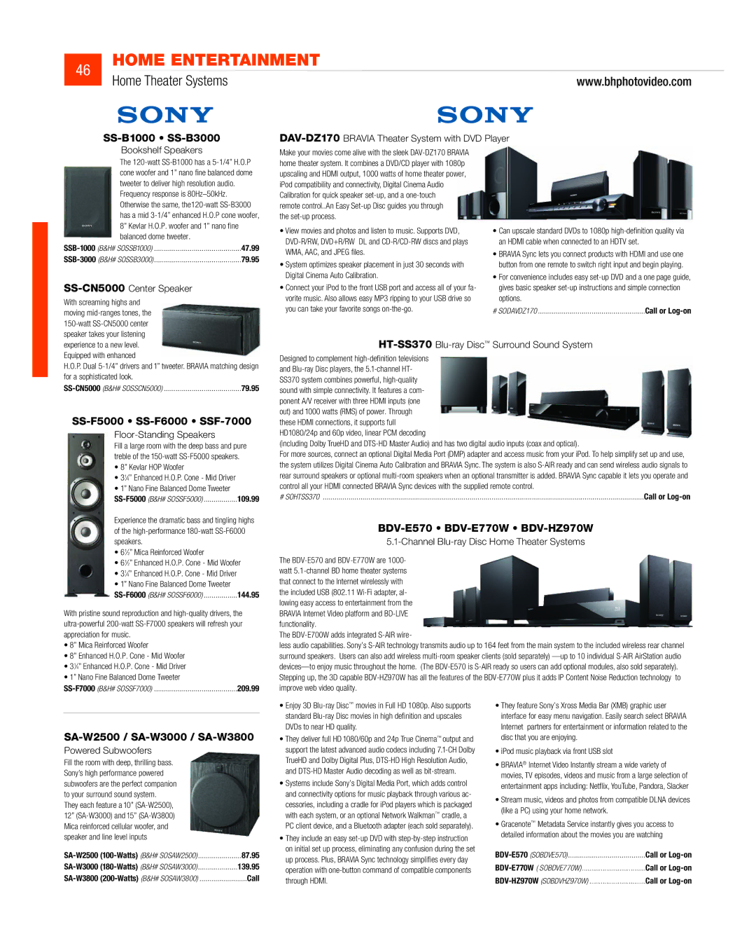 JVC DV-SP506 manual Home Theater Systems, SS-B1000 SS-B3000, SS-F5000 SS-F6000 SSF-7000, BDV-E570 BDV-E770W BDV-HZ970W 