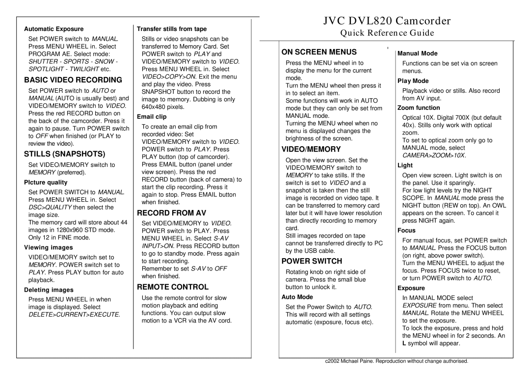 JVC DVL820 manual Basic Video Recording, Stills Snapshots, Record from AV, Remote Control, On Screen Menus, Video/Memory 