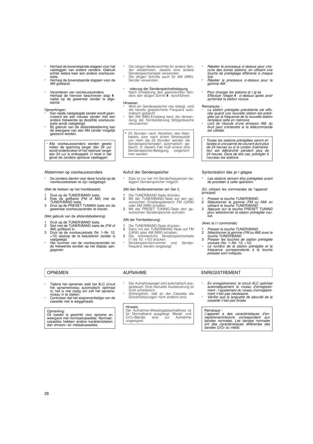 JVC DX-E55 manual Opnemen Aufnahme Enregistrement, Afstemmen op voorkeuzezenders, Aufruf der Senderspeicher 