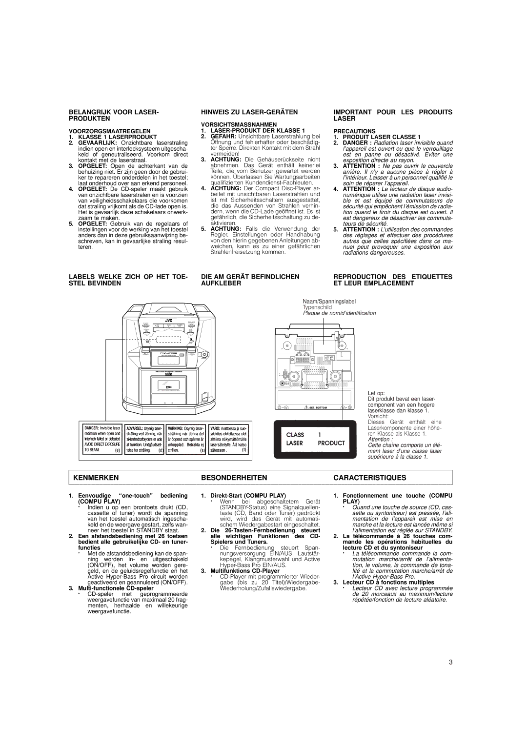 JVC DX-E55 manual Kenmerken Besonderheiten Caracteristiques 