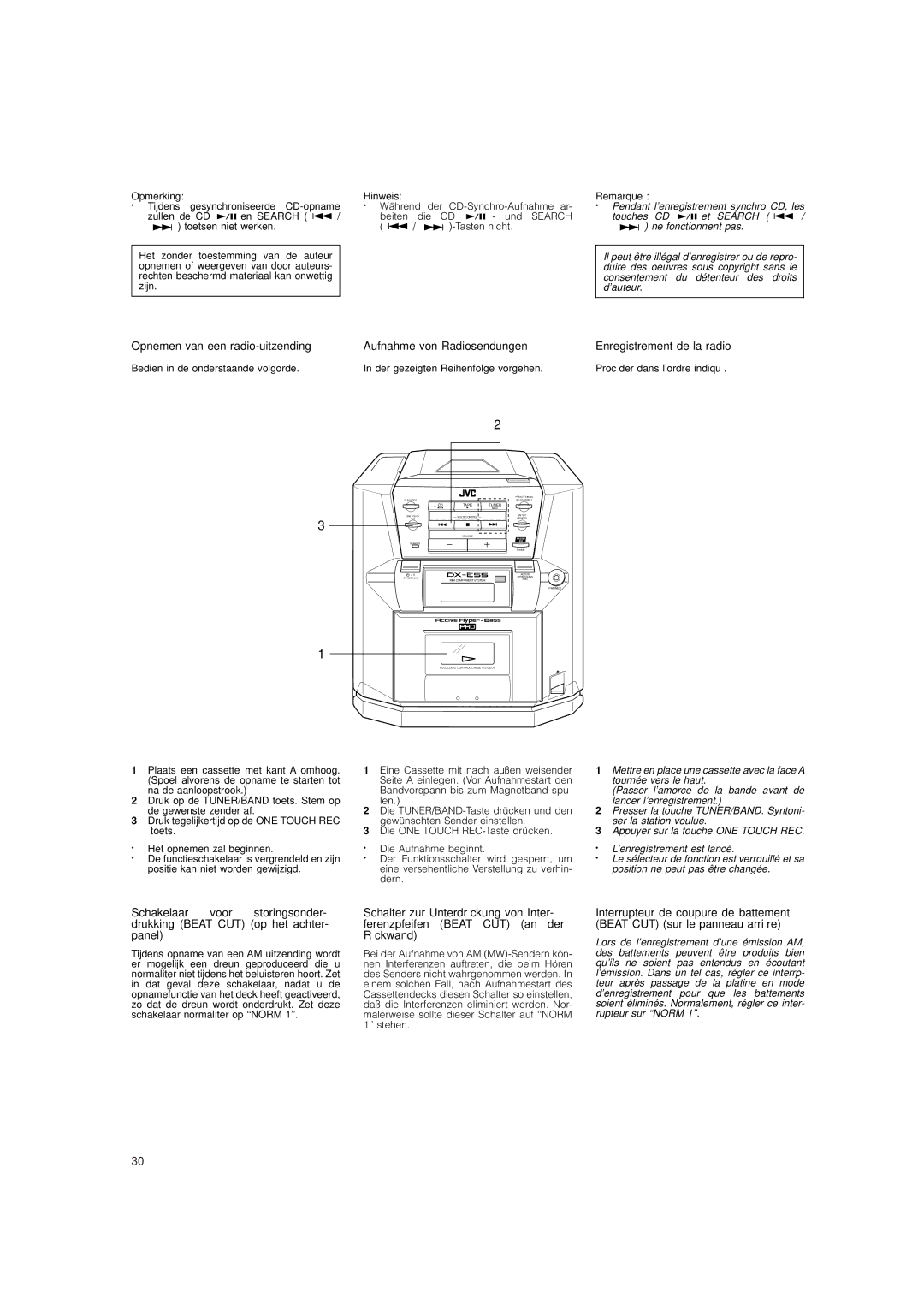 JVC DX-E55 manual Enregistrement de la radio, Opmerking Hinweis Remarque 