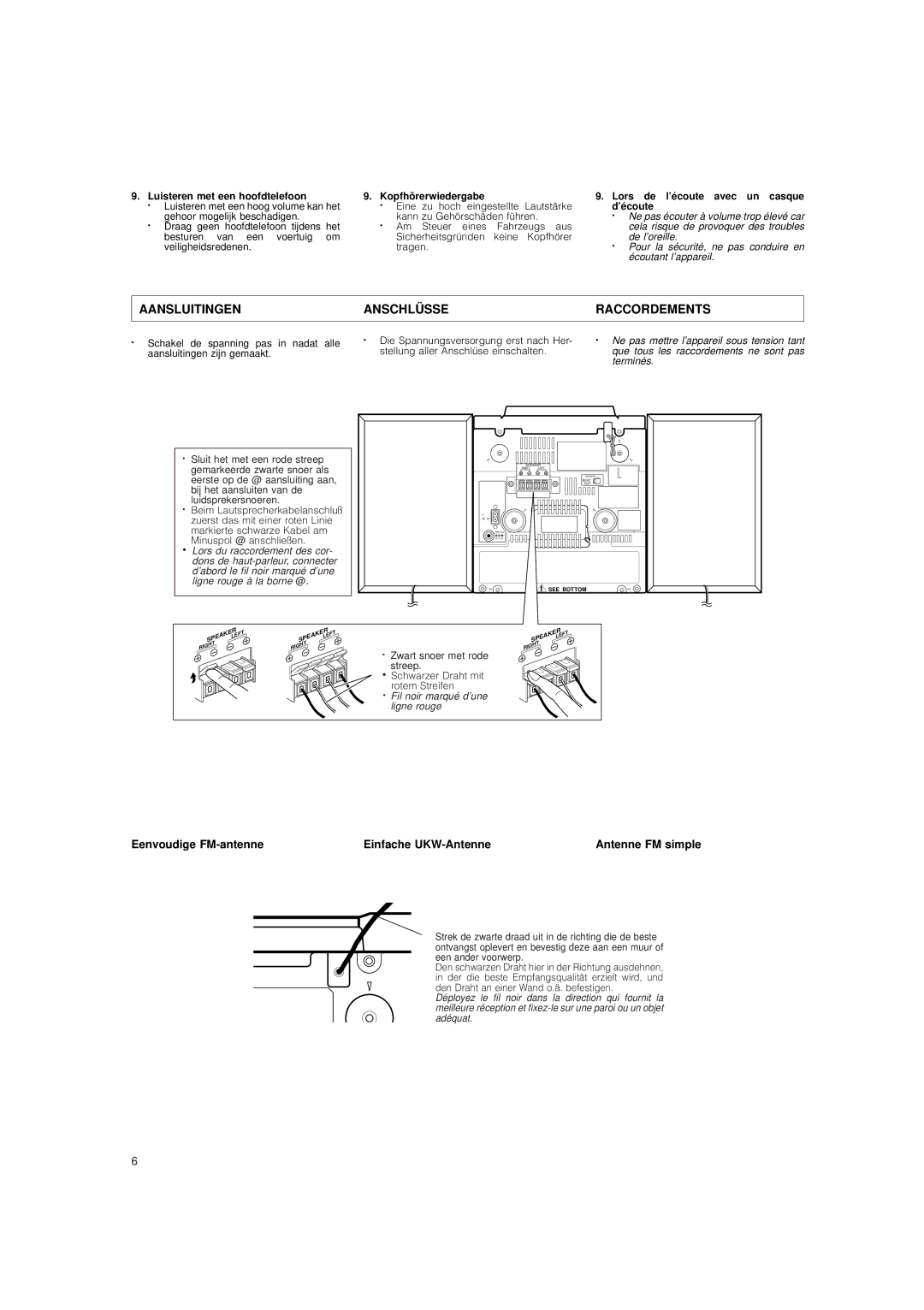 JVC DX-E55 manual Aansluitingen Anschlüsse Raccordements, Luisteren met een hoofdtelefoon, Kopfhörerwiedergabe 