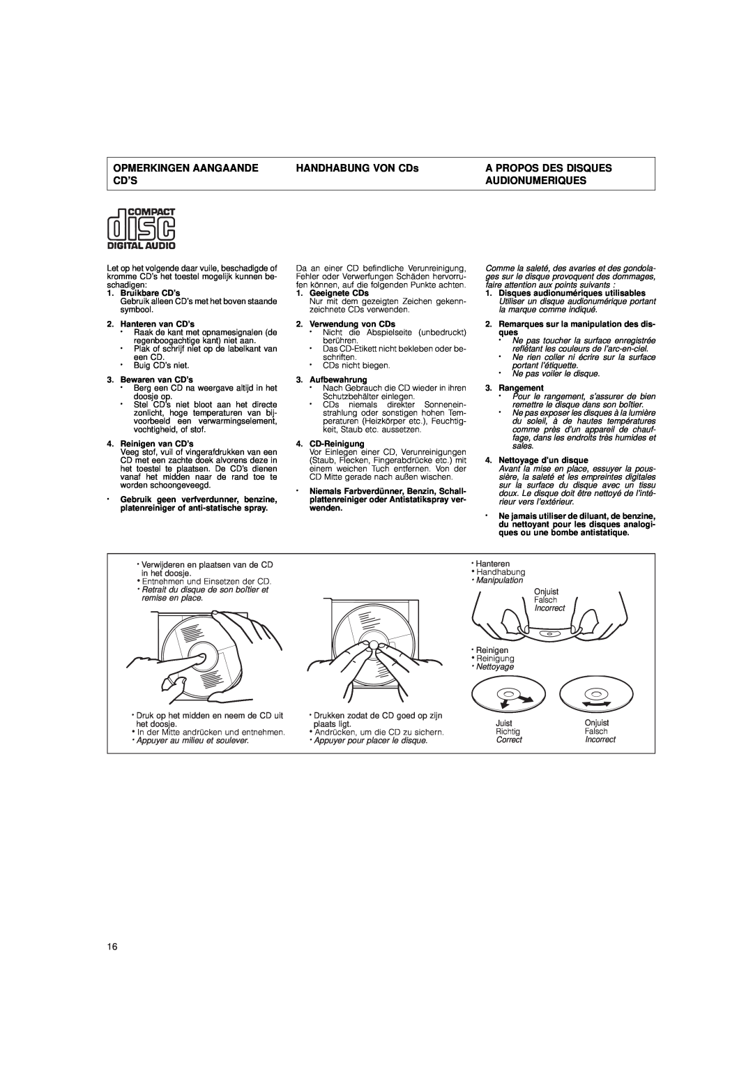 JVC DX-E55 manual Opmerkingen Aangaande, HANDHABUNG VON CDs, A Propos Des Disques, Audionumeriques 
