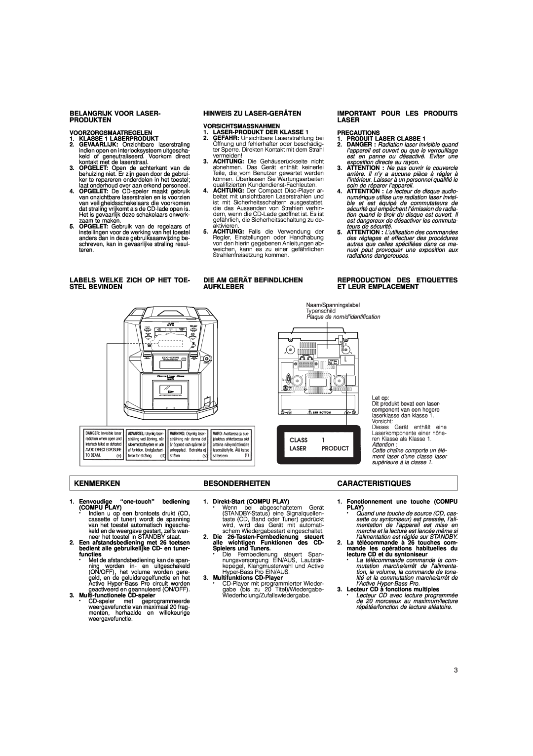 JVC DX-E55 manual Kenmerken, Besonderheiten, Caracteristiques, Belangrijk Voor Laser- Produkten, Hinweis Zu Laser-Geräten 