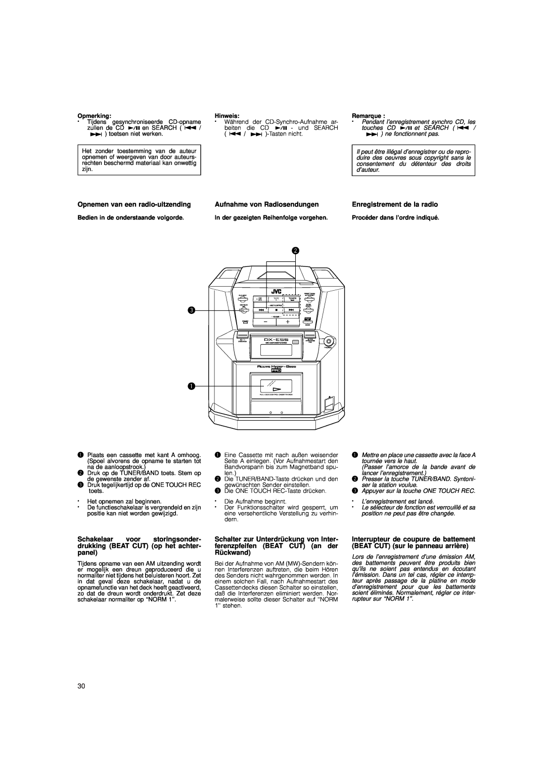 JVC DX-E55 manual Opnemen van een radio-uitzending, Aufnahme von Radiosendungen, Enregistrement de la radio 